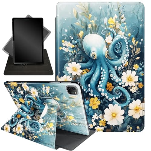 for iPad Air 13 Inch Case (M3/M2) 2025/2024,for iPad Pro 12.9 Case 2022 2021(6th 5th Generation),360 Degree Rotating Stand Smart Protective Cover Case,Octopus and Flowers