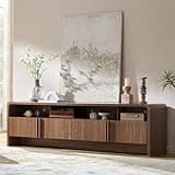 AMERLIFE 70" Fluted Wood TV Stand for TVs up to 80", Media Console Entertainment Center with Storage Cabinets for Living Room, Brown