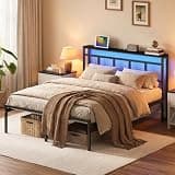 FHUKMZOI Full Bed Frame with Storage headboard, Metal Platform Bed with USB-C, Type-C and LED Light.Heavy Duty Slats Support Platform, No Box Spring Needed, Noise Free, Easy Assembly (Black, Full)
