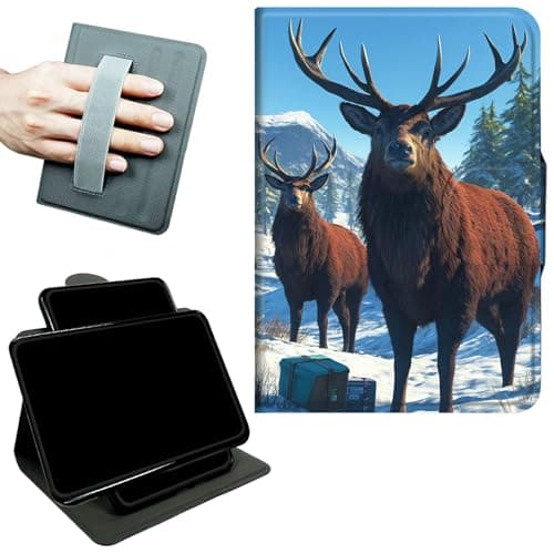 RWUTYTIUL Rotating Handle Case for iPad Pro 11 (M4/M5) 2024/2025, 360 Degree Swivel Kickstand with Magnetic Closure, Shockproof Leather Protective Cover for Women Men, Snow Mountain Deer