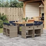 KLGBNCVE 9 Piece Grey Poly Rattan Garden Dining Set with Cushions, Acacia Wood Table and Folding Chairs for Outdoor Patio