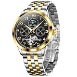 OLEVS Automatic Watch for Men, 41mm Skeleton Stainless Steel Dress Watch, Mechanical Tourbillon Chronograph, Luminous Dial Day-Date, Waterproof Black Dial Wristwatch, Classic Gift for Husband Father