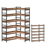 HCHQHS Adjustable Book Shelf with 8 Hooks, Reversible Corner Bookshelf, Industrial Wooden and Metal Bookcase for Living Room, Bedroom, Home Office (Rustic Brown, 6 Tier)