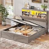 AOGLLATI Farmhouse Full Size Bed Frame with Lift Up Storage & Hidden Bookcase Storage Headboard, Wood Bed Frame Full with Charging Station, Led Lights, No Box Spring Needed, Grey