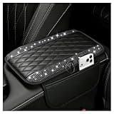 Stacool Upgraded Car Center Console Cover with Rhinestones,Microfiber Leather Car Armrest Cover Cushion with 2 Storage Bags,Universal Cars Armrest Storage Box as Cars Interior Accessories