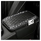 Stacool Upgraded Car Center Console Cover with Rhinestones,Microfiber Leather Car Armrest Cover Cushion with 2 Storage Bags,Universal Cars Armrest Storage Box as Cars Interior Accessories