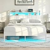 Full Size Bed Frame with Charging Station and LED Lights, Metal Bed Frame with Headboard, White Upholstered Headboard with 2-Tier Storage Shelves, Noise Free, No Box Spring Needed, White