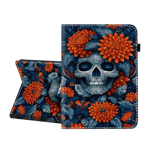 CICPLKSE Case for Samsung Galaxy Tab E 9.6 2015 (Model SM-T560/T561/T565/T567),Premium PU Leather Cover with Auto Sleep Wake,Skull with Flowers