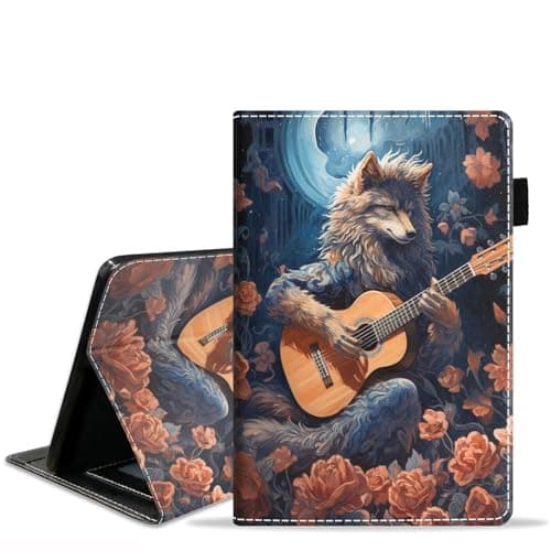 POIUYTREW Case for Amazon Kindle Fire 7 Tablet (7" Display, 9th/7th Generation, 2019/2017 Release) - PU Leather Folio Cover with Smart Auto Wake/Sleep, Wolf Playing Guitar