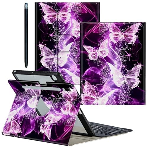 CGFGHHUY Galaxy Tab S9 Plus/S9 FE Plus Case Detachable Wireless Keyboard & 360 Rotating Stand PU Leather Cover with Pen Holder Protective Case for Galaxy S9 FE Plus 12.4 inch - Pink Butterflies