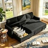 Vongrasig Sleeper Sofa with Storage for Small Space, Convertible Small Pull Out Couch with Storage Chaise, L Shaped Sectional Sofa Bed for Apartment, Guest Room, Black Corduroy