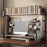 GUODDM Bookshelf for Desktop Storage with Monitor Stand and Pegboard Thickened Steel Frame and Wooden Shelves Countertop Storage Rack for Home Office Dorm Computer Desk(135 * 30 * 83cm)
