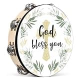 Eaasty 10 Inch Church Christian Tambourines, Give It All to God/God Bless You Tambourines with Double Row Jingles, Wooden Hand Bell Hand Clap Drum for Pray Church Party Percussion Musical (Peaceful)