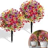 DrimMek 2pcs Artificial Flowers Topiary Ball Faux Flowers for Outdoors, 20" UV Resistant Mix Colors Plants with Spike for Garden, Porch and Patio