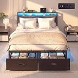 Aelawe Full Bed Frame with 2 Drawers, Platform Bed Frame with LED Lights and Charging Station, Upholstered Headboard, Heavy Duty Metal Slats, No Box Spring Needed, Noise Free, Easy Assembly