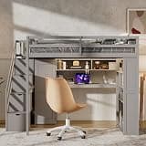 Grey Full Size Multifunctional Loft Bed Frame with Built-in Wardrobe, Study Desk, Storage Shelves and LED Lights, Space-Saving Furniture Ideal for Compact Bedrooms