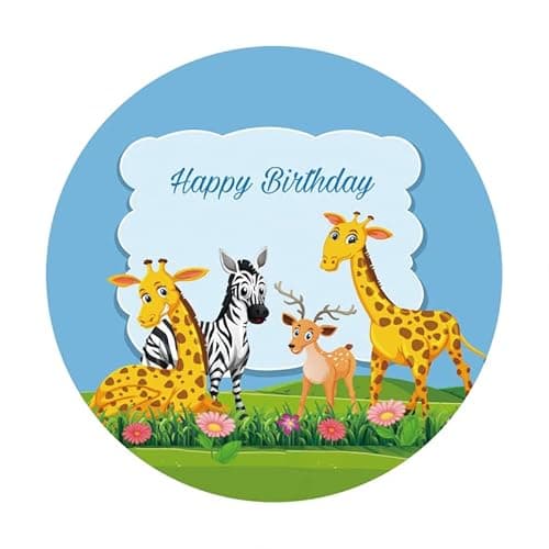 DORCEV 6.5x6.5ft Happy Birthday Round Backdrops Jungle Safari Animal Yellow Giraffe Horse Elk Floral Forest Scenery Photography Background for Kids Birthday Baby Shower Newborn 1st Party Banner Decor