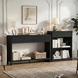 FATORRI Fluted Console Table and 3-Tier Bookshelf Set of 2, Sofa Table with Open Bottom Shelf & Bookcase with Drawer for Living Room Entryway Bedroom, Black
