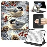 JANENFNA Rotating Case for 6.8" Kindle Paperwhite 11th Gen, Slim Stand Cover with Handle, 360° Rotating Folio, TPU Bumper, Detachable Magnetic Back, Chickadees Berries