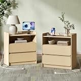 OURPIC Night Stand Set 2 with Charging Station, Leather-Faced Drawers, Modern End Table with Storage Open Shelf, Wood Side Table for Bedroom, Natural
