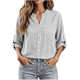 LBOVBE Womens Striped Button Down Shirt V Neck Roll Tab 3/4 Sleeve Loose Blouses Fashion Casual Office Fall Winter Outfits Gray