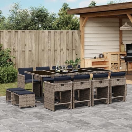MNISDFL 13-Piece Outdoor Dining Set with Grey Poly Rattan and Navy Blue Cushions for 12 People, Modern Patio Furniture with Tempered Glass Table and Weather-Resistant Design