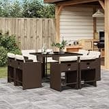 KLGBNCVE 9 Piece Brown Poly Rattan Patio Dining Set with Cushions, Folding Chairs and Tempered Glass Table for Outdoor Garden