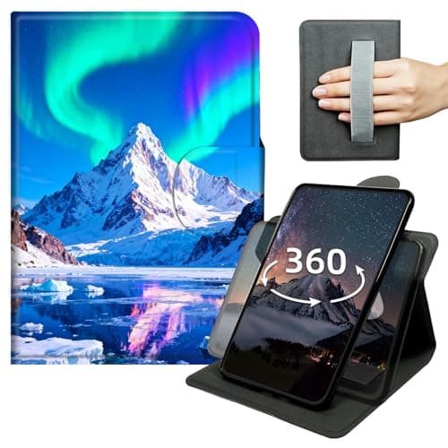 Case for 6" Kindle (11th Generation 2024/2022 Release) 360 Degree Rotating PU Leather Tablet Cover with Hand Strap, Auto Wake/Sleep & Magnetic Clasp - Aurora and Snowy Mountain