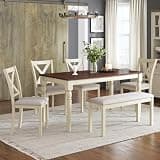 AMERLIFE 6-Piece Farmhouse Dining Table Set for 6-7, 60" Solid Wood Kitchen Table and Chairs, 1 Dining Table, 4 Upholstered Chairs and 1 Bench, Rustic Dining Room Set, Rustic White