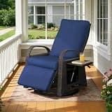 Skypatio Outdoor Patio Swivel Recliner Chair, Independently Adjustable Backrest and Footrest Patio Wicker Reclining Lounge Chair with Flip Side Table for Indoor, Balcony, Porch (Navy Blue)