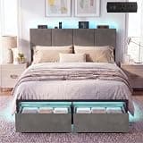 J.Fkne Queen Bed Frame with Charging Station and LED Lights, Metal Platform Bed with 2 Storage Drawers, Upholstered Headboard, Noise Free, No Box Spring Needed, Easy Assembly