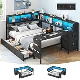Hasuit Full Corner Bed with Desk, Storage, LED Light, Power Strip, Black