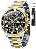 OLEVS Men's Luxury Watches Waterproof Gold and Silver Two-Tone Stainless Steel Watches for Men Big Black Face Luminous Chronograph Men's Watch Moon Phase Date Watch Relojes para Hombres