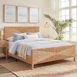 Brafab Boho Queen Rattan Bed Frame with Headboard and Footboard, Hand Woven PE Wicker Bed, Mid Century Modern Metal Bedframe with Bamboo Style Design, Sturdy Metal Slats, 1000lbs, No Box Spring Needed