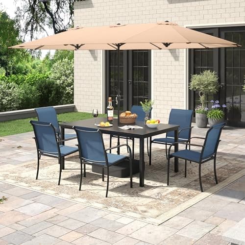 ARKOST 8 Pieces Outdoor Dining Set, Stackable Textilene Paito Chairs & 63" Rectangle Dining Table with Umbrella, Patio Dining Set for Backyard, Deck, Garden, Dark Blue & Black