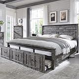 Aitjunz Farmhouse King Size Bed Frame with 51" Tall Headboard, Wood Platform Bed Frame with 20" Tall Roman Column Decoration Footboard & 3 Large Storage Drawers, No Box Spring Needed (Light Grey)