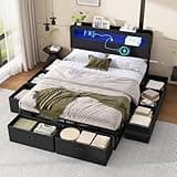 Durstyro Queen Metal Platform Bed Frame with 8 Fabric Storage Drawers, Wood Headboard with Charging Station & LED Lights, Black, No Box Spring Needed, Noise Free & Easy Assembly (Queen)