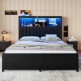 Abosbeet Platform Bed Frame Queen Size with Storage Headboard, Led Light and Charging Port, Metal Bed Frame with Drawers, Hidden Flip-Up Storage Design, No Box Spring Needed, Black