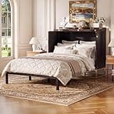 RuiSiSi Queen Size Murphy Bed Cabinet with Wooden Doors Design and Fake Drawers, Wood Folding Chest Bed with Metal Legs, Espresso