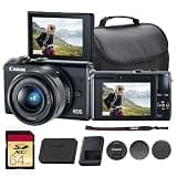 Canon EOS M100 Mirrorless Camera with 15-45mm Lens (Black) | 24.2MP APS-C Sensor, Dual Pixel CMOS AF, Wi-Fi & Bluetooth | Great for Travel & Beginner Photos (2209C011) + 64GB Card + Camera Bag