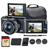 Canon EOS M100 Mirrorless Camera with 15-45mm Lens (Black) | 24.2MP APS-C Sensor, Dual Pixel CMOS AF, Wi-Fi & Bluetooth | Great for Travel & Beginner Photos (2209C011) + 64GB Card + Camera Bag
