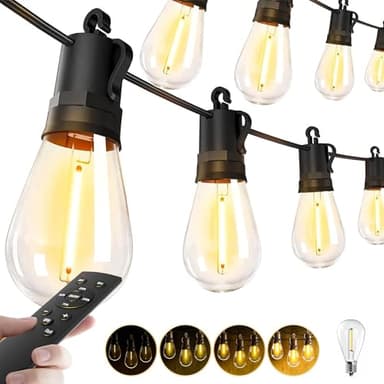 Outdoor String Lights Patio LED - Light Outside 50Ft 15M Waterproof Remote Dimmable S14 Porch Lighting Edison Plastic Bulb Pergola Hanging Balcony Connectable Backyard Yard Gazebo Party Garden Bistro