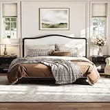 Merax King Platform Bed with Upholstered Headboard, Solid Wood Bed Frame with Wood Slat Support, Curved Fabric Headboard, No Box Spring Needed, Modern Bedroom Furniture, Grey Frame & White Fabric