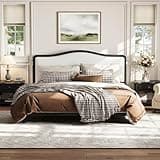 Merax King Platform Bed with Upholstered Headboard, Solid Wood Bed Frame with Wood Slat Support, Curved Fabric Headboard, No Box Spring Needed, Modern Bedroom Furniture, Grey Frame & White Fabric