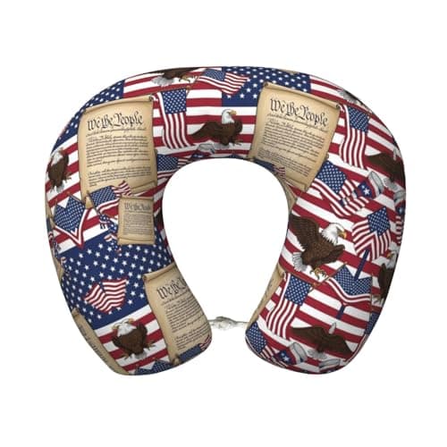 OXJOIIS Adjustable American Flag Patriotic USA Bald Eagle and Book Cervical Pillow for Neck Pain Relief, 360° Support Travel Pillow with Bamboo Cover Carrying Case, Foldable for Airplane, Camping