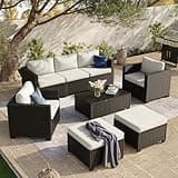Aoxun 8 Piece Outdoor Patio Furniture Set 7 Seats, Outdoor Sectional with Thick Waterproof Cushions, Patio Conversation Sets for Garden,Backyard, Porch, Balcony, Deck, Black & Beige