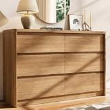 Now Mais Oak Dresser for Bedroom, 47.2" Wide Mid Century Modern Chest of Drawers with 6 Large Storage Space and Curved Edge Design, 6 Drawer Large Dresser for Bedroom