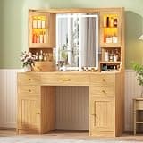 CSZZD Makeup Vanity Desk with Mirror and Lights, Large Vanity Table Set with Charging Station, Dressing Table with RGB Cabinets & 6 Drawers, Wood Vanity Mirror with Light Desk with Storage Shelves