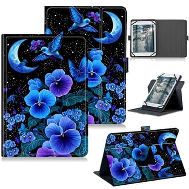 RWUTYTIUL for Walmart Onn 8 Inch 2024 (Model:100135923) Universal Tablet Case, 360 Degree Rotating Kickstand Protective Stand Case with Multiple Viewing PU Leather Shell Case, Blue Flower Bird