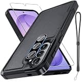 RMOCR Case for Samsung Galaxy A57 5G Phone Cover with Screen Protector+Camera Lens Cover,Military Grade Heavy Duty Shockproof PhoneCase with Wrist Lanyard Strap for Sam A57,Black Matte
